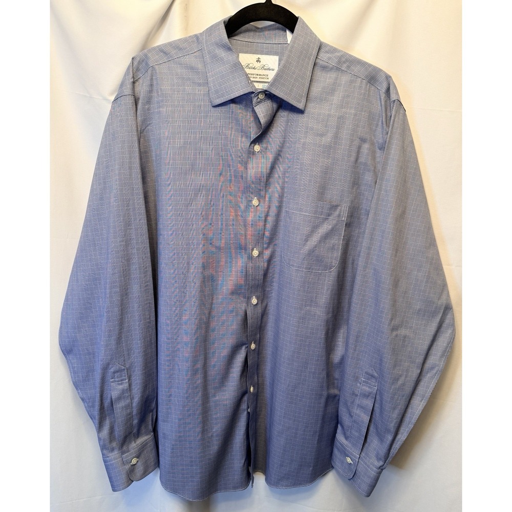 Brooks Brothers Performance Non-Iron Men's 16.5 35 XL Button Up Shirt Blue Plaid